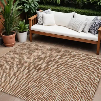 9' X 12' Copper And Beige Geometric Washable Indoor Outdoor Area Rug