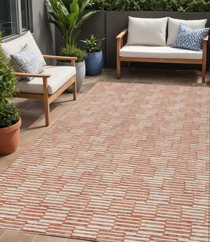 5' X 8' Salmon And Ivory Geometric Washable Indoor Outdoor Area Rug