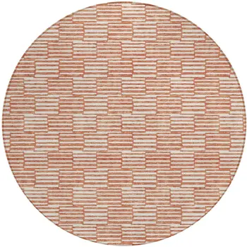 8' Salmon And Ivory Round Geometric Washable Indoor Outdoor Area Rug