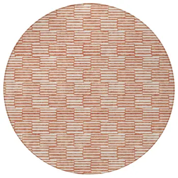 8' Salmon And Ivory Round Geometric Washable Indoor Outdoor Area Rug