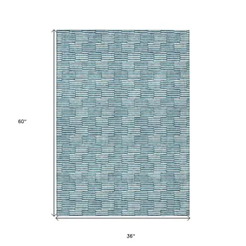 3' X 5' Teal Blue And Ivory Geometric Washable Indoor Outdoor Area Rug
