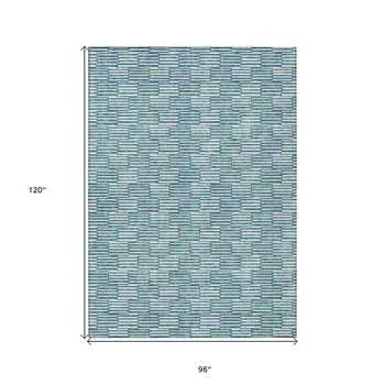 8' X 10' Teal Blue And Ivory Geometric Washable Indoor Outdoor Area Rug