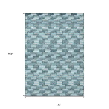 10' X 14' Teal Blue And Ivory Geometric Washable Indoor Outdoor Area Rug