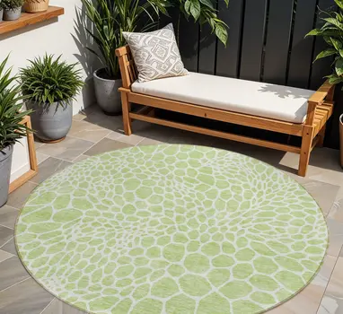 8' Artichoke Green And Ivory Round Geometric Washable Indoor Outdoor Area Rug