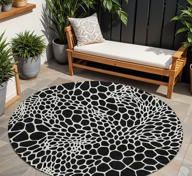 8' Black And Ivory Round Geometric Washable Indoor Outdoor Area Rug