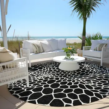 8' Black And Ivory Round Geometric Washable Indoor Outdoor Area Rug