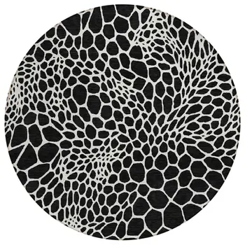 8' Black And Ivory Round Geometric Washable Indoor Outdoor Area Rug