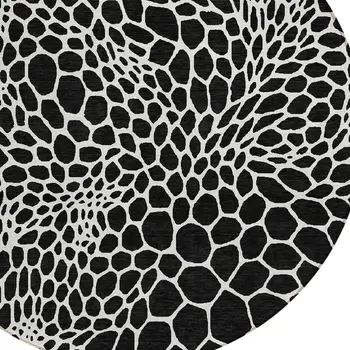 8' Black And Ivory Round Geometric Washable Indoor Outdoor Area Rug