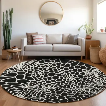 8' Black And Ivory Round Geometric Washable Indoor Outdoor Area Rug