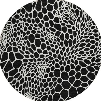 8' Black And Ivory Round Geometric Washable Indoor Outdoor Area Rug