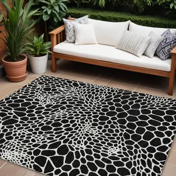 10' X 14' Black And Ivory Geometric Washable Indoor Outdoor Area Rug