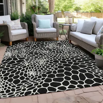10' X 14' Black And Ivory Geometric Washable Indoor Outdoor Area Rug
