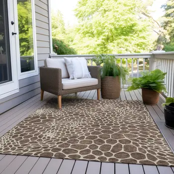 9' X 12' Brown And Beige Geometric Washable Indoor Outdoor Area Rug