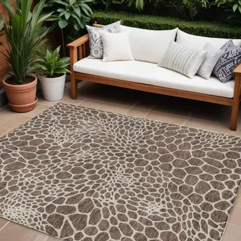 10' X 14' Brown And Beige Geometric Washable Indoor Outdoor Area Rug