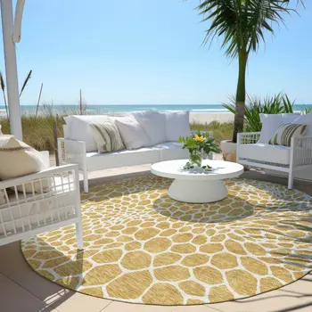8' Gold And Ivory Round Geometric Washable Indoor Outdoor Area Rug