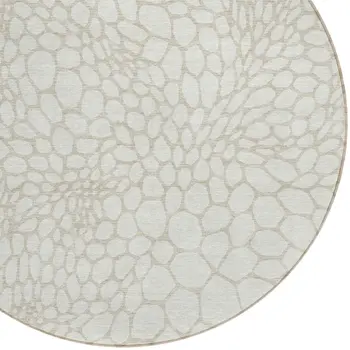 8' Ivory And Beige Round Geometric Washable Indoor Outdoor Area Rug