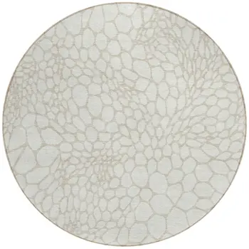 8' Ivory And Beige Round Geometric Washable Indoor Outdoor Area Rug