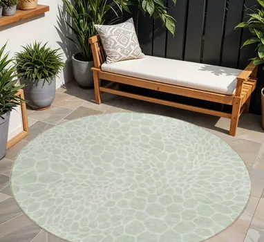 8' Mint Green And Ivory Round Geometric Washable Indoor Outdoor Area Rug