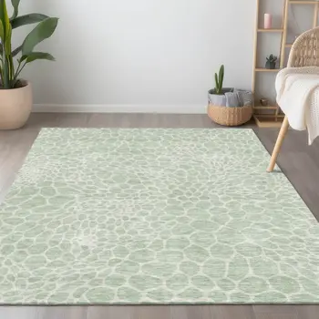 10' X 14' Mint Green And Ivory Geometric Washable Indoor Outdoor Area Rug
