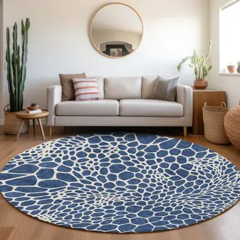 8' Navy Blue And Ivory Round Geometric Washable Indoor Outdoor Area Rug