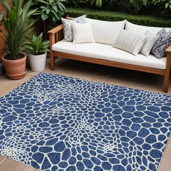 10' X 14' Navy Blue And Ivory Geometric Washable Indoor Outdoor Area Rug