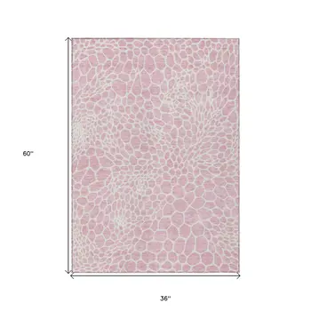 3' X 5' Pink And Ivory Geometric Washable Indoor Outdoor Area Rug