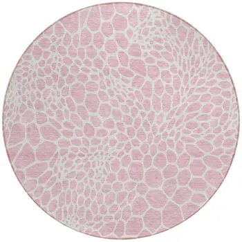 8' Pink And Ivory Round Geometric Washable Indoor Outdoor Area Rug