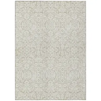 5' X 8' Beige And Ivory Damask Washable Indoor Outdoor Area Rug