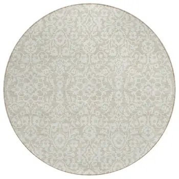8' Beige And Ivory Round Damask Washable Indoor Outdoor Area Rug