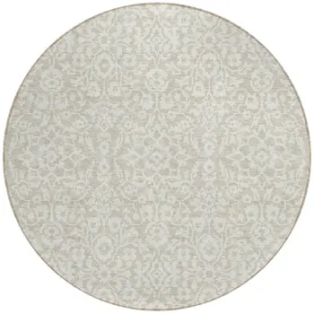 8' Beige And Ivory Round Damask Washable Indoor Outdoor Area Rug