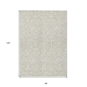 8' X 10' Beige And Ivory Damask Washable Indoor Outdoor Area Rug