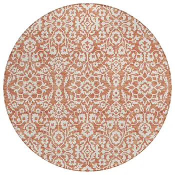 8' Coral And Ivory Round Damask Washable Indoor Outdoor Area Rug