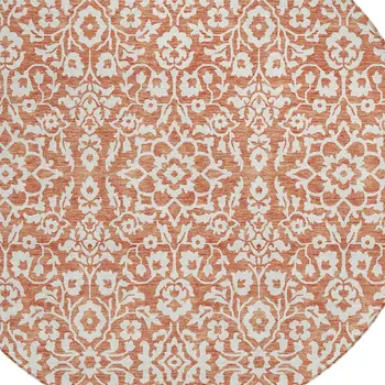 8' Coral And Ivory Round Damask Washable Indoor Outdoor Area Rug