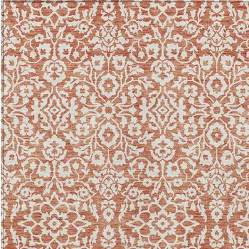 8' X 10' Coral And Ivory Damask Washable Indoor Outdoor Area Rug