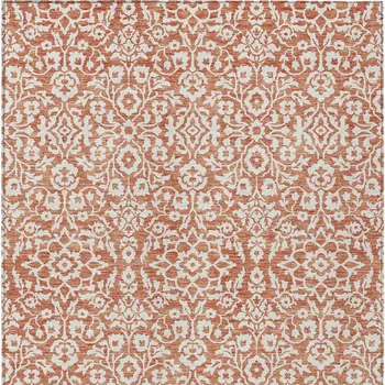 9' X 12' Coral And Ivory Damask Washable Indoor Outdoor Area Rug