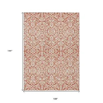 9' X 12' Coral And Ivory Damask Washable Indoor Outdoor Area Rug