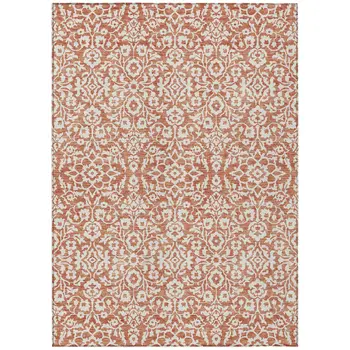 9' X 12' Coral And Ivory Damask Washable Indoor Outdoor Area Rug
