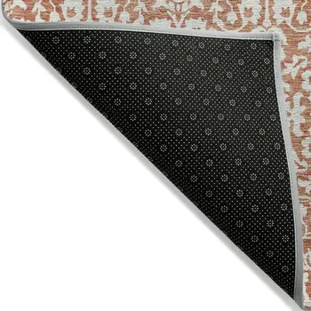 9' X 12' Coral And Ivory Damask Washable Indoor Outdoor Area Rug
