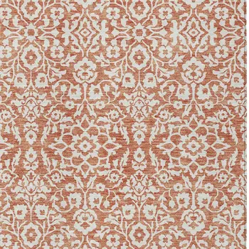 9' X 12' Coral And Ivory Damask Washable Indoor Outdoor Area Rug