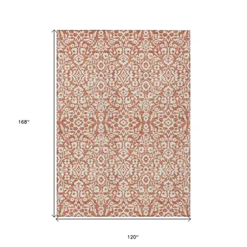10' X 14' Coral And Ivory Damask Washable Indoor Outdoor Area Rug