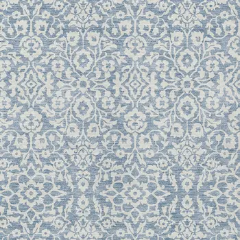 3' X 5' Denim Blue And Ivory Damask Washable Indoor Outdoor Area Rug
