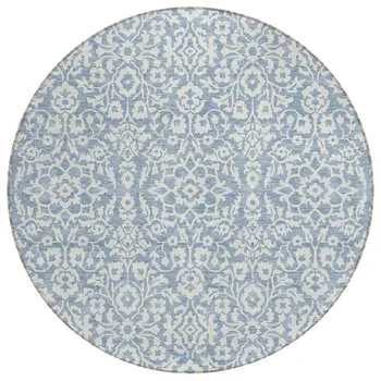 8' Denim Blue And Ivory Round Damask Washable Indoor Outdoor Area Rug