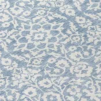 8' Denim Blue And Ivory Round Damask Washable Indoor Outdoor Area Rug