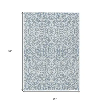 8' X 10' Denim Blue And Ivory Damask Washable Indoor Outdoor Area Rug