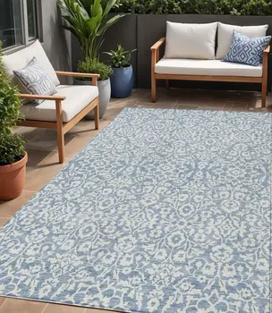8' X 10' Denim Blue And Ivory Damask Washable Indoor Outdoor Area Rug