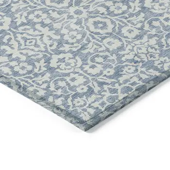8' X 10' Denim Blue And Ivory Damask Washable Indoor Outdoor Area Rug