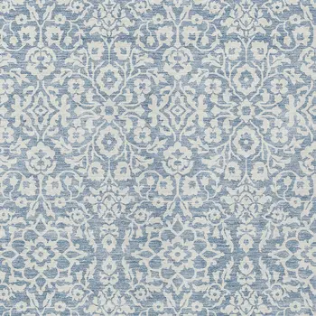 8' X 10' Denim Blue And Ivory Damask Washable Indoor Outdoor Area Rug