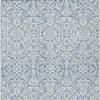 9' X 12' Denim Blue And Ivory Damask Washable Indoor Outdoor Area Rug
