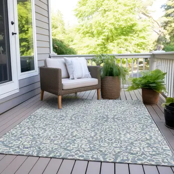 9' X 12' Denim Blue And Ivory Damask Washable Indoor Outdoor Area Rug