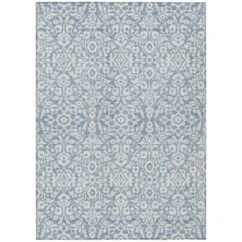9' X 12' Denim Blue And Ivory Damask Washable Indoor Outdoor Area Rug